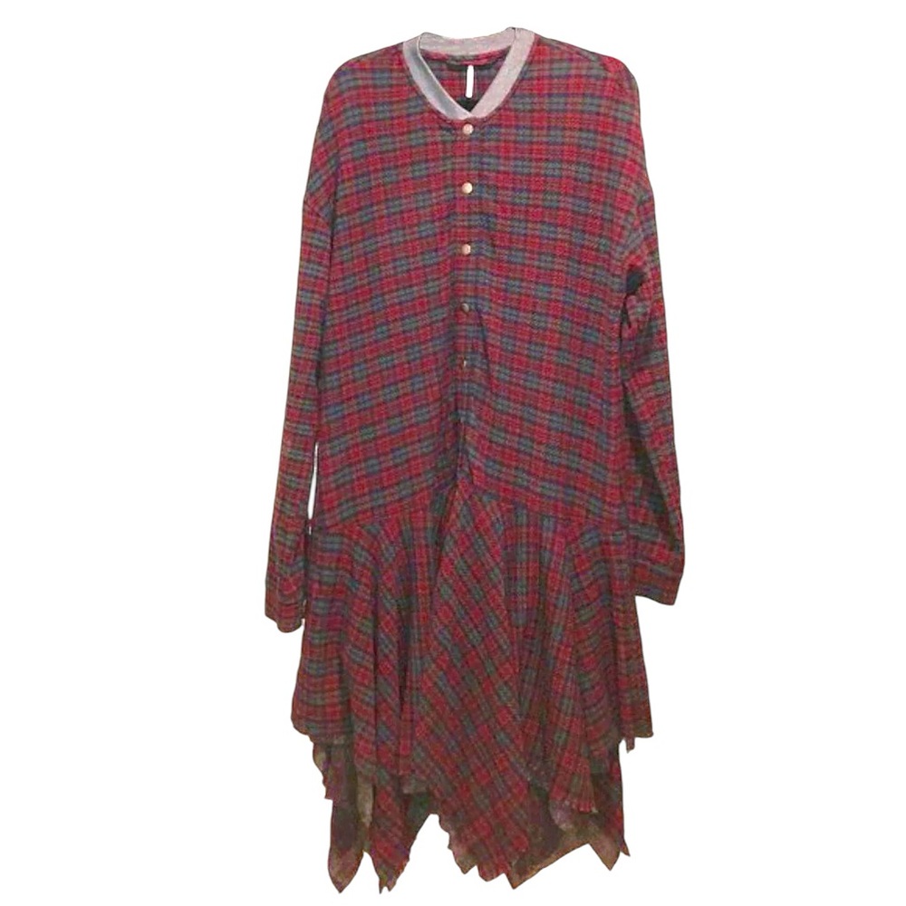 $198 Free People Ragged Hem Jacket XSmall Brick Gray Textured Plaid Dress NWT